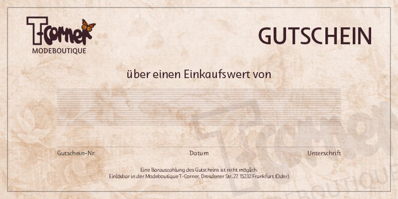 Gutschein-Vorderseite aus der Modeboutique T-Corner in Frankfurt (Oder)