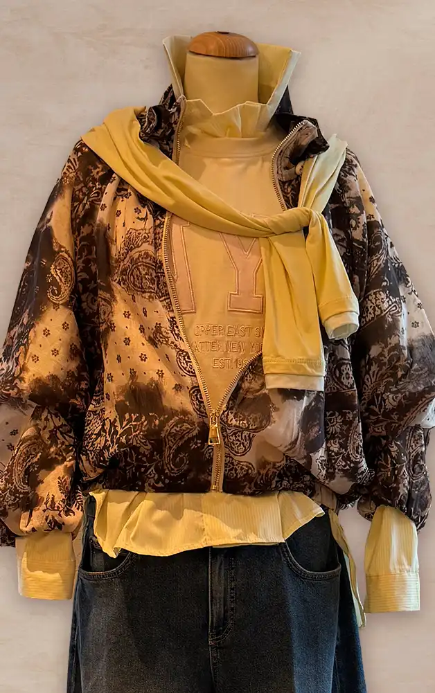 Damenmode - Kombination von Jacke, Bluse und Hose mit Tasche aus der aktuellen Herbst-/Winterkollektion 2027