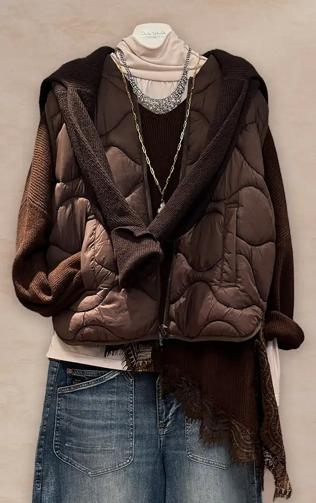 Damenmode - Kombination von Jacke, T-Shirt und Hose mit Basecap aus der aktuellen Herbst-/Winterkollektion 2027